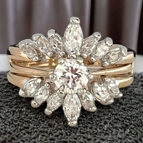 Vintage Wedding Ring Set  Size 6 Cubic Zirconia 14K Gold Plate Mid-Century 14F - Picture 1 of 12